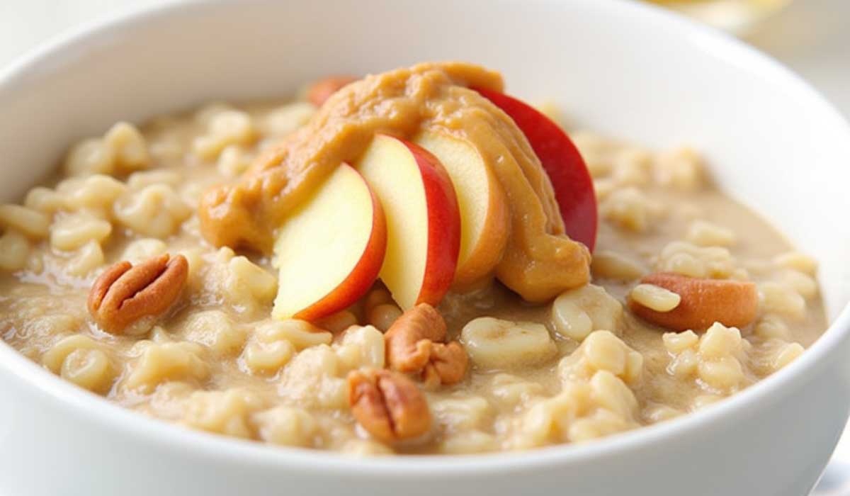 Aveia sem glúten quente com fatias de maçã, manteiga de amendoim, canela e nozes, ideal café da manhã saudável para dias frios, 350 calorias.