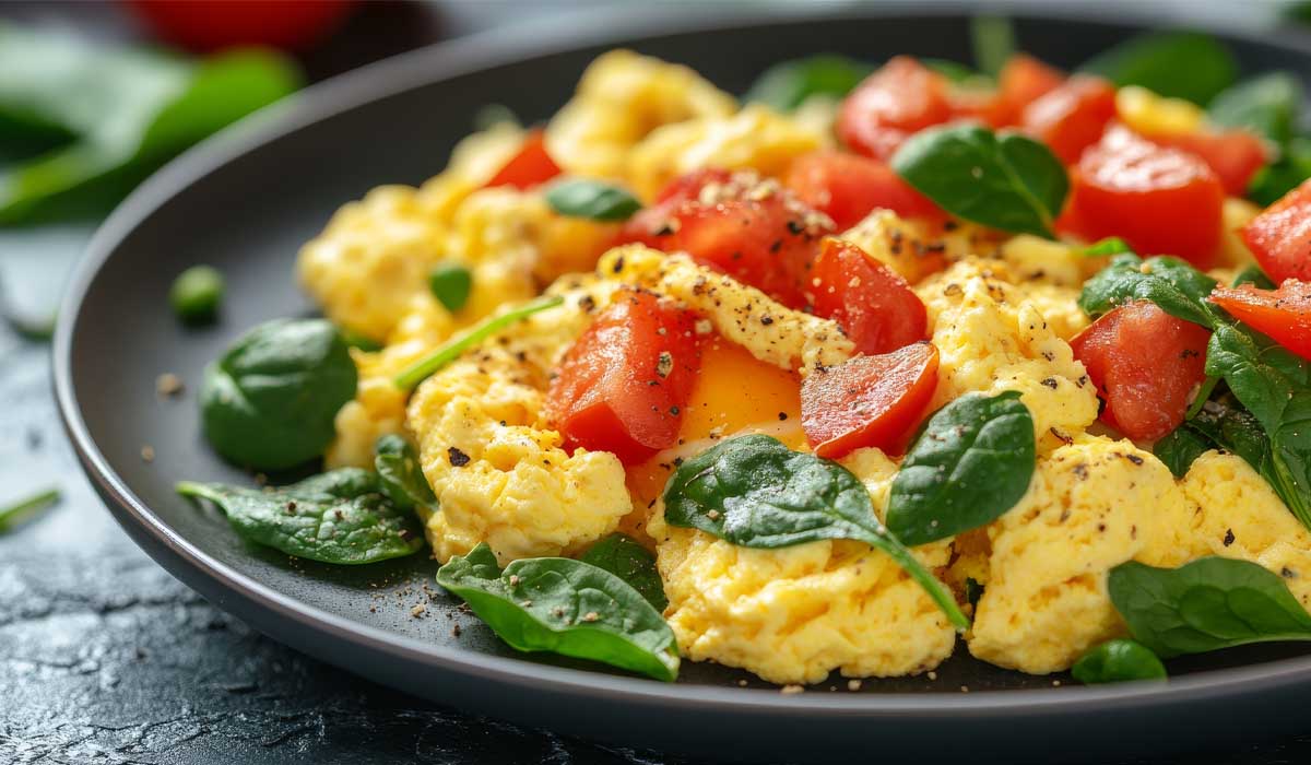 Ovos mexidos com tomate cereja, espinafre e abobrinha, temperados com ervas frescas, café da manhã rápido e saudável sem glúten, 300 calorias