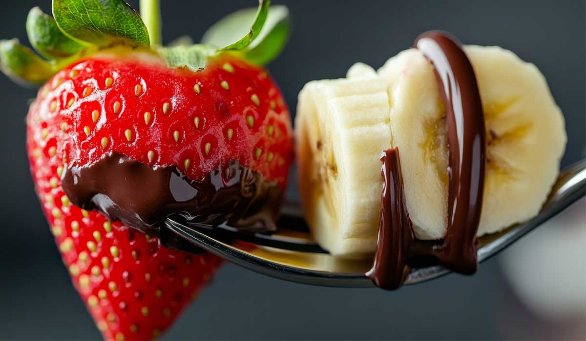 A imagem mostra um close-up de um morango fresco e suculento, parcialmente coberto por uma camada brilhante de chocolate derretido. Ao lado, sobre o mesmo garfo, há rodelas de banana cremosa, também envolvidas pelo chocolate, criando uma combinação irresistível de cores e texturas. O contraste entre o vermelho vibrante do morango, o amarelo suave da banana e o marrom intenso do chocolate transmite sensação de frescor, indulgência e prazer gastronômico. Uma cena apetitosa que celebra a união perfeita entre frutas e chocolate.