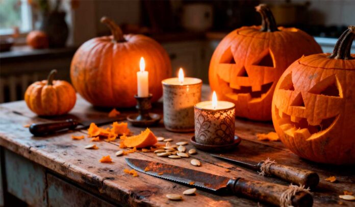 A imagem exibe uma mesa rústica de madeira decorada com abóboras esculpidas em Jack-o'-lanterns iluminadas por velas, pedaços de casca e sementes espalhados, criando um ambiente acolhedor e festivo de Halloween, com facas antigas e uma cozinha desfocada ao fundo.
