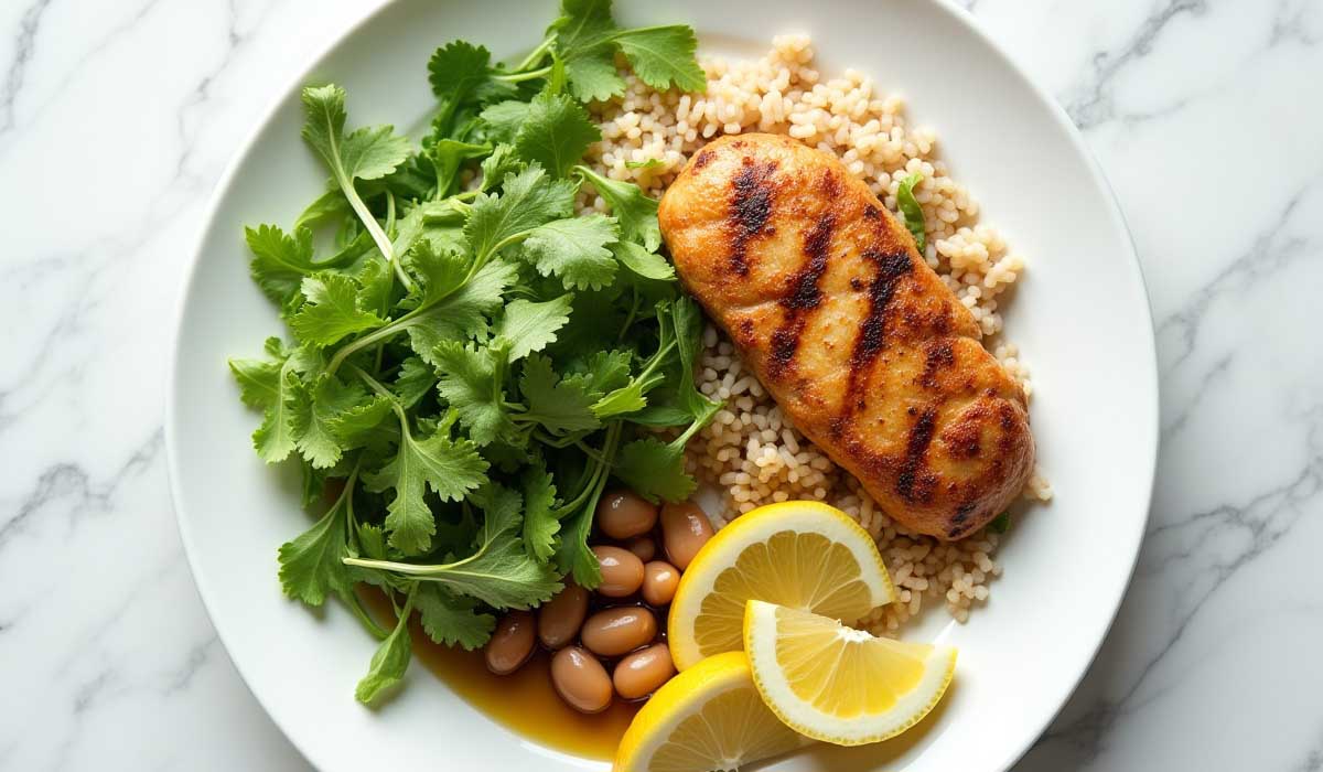 Esta imagem mostra um prato saudável em visão superior, servido em porcelana branca com borda dourada sobre mármore preto com veios brancos, exalando sofisticação. Inclui 100g de folhas mistas (salsão, rúcula, coentro) em 2/4, 100g de frango grelhado suculento em 1/4, e 50g de arroz integral com 50g de feijão em 1/4. Fatias de limão e um toque de azeite destacam frescor, com ingredientes bem separados. Ideal para quem tem diabetes.