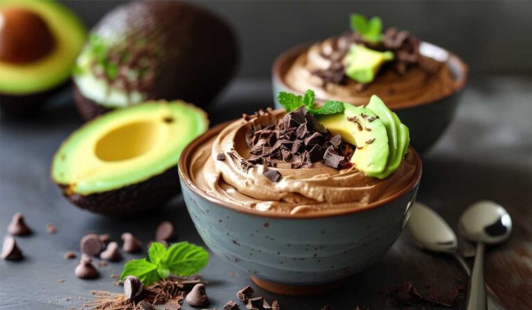 Redução de Açúcar: Mousse de chocolate em potes e abacates de fundo.