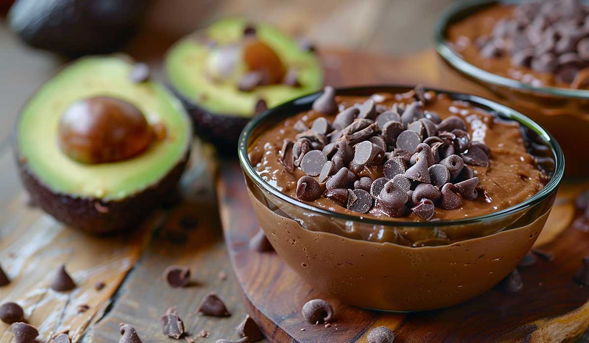 Redução de Açúcar: Mousse de chocolate em primeiro plano com abacates cortados ao fundo