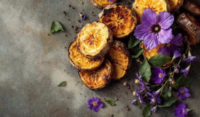 Foto em flat lay com tucumã e rodelas de pupunha cozida, acompanhadas de folhas de jambu espalhadas e flores roxas que adicionam contraste e vivacidade. A composição destaca texturas nítidas, reunindo ingredientes amazônicos em uma cena visualmente marcante e natural.