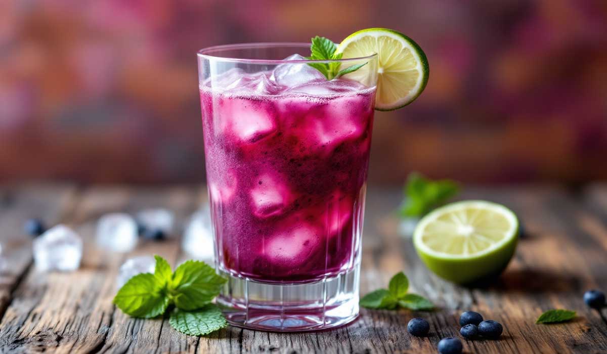 Drink roxo de açaí em copo alto com gelo, decorado com rodela de limão e hortelã. Sobre superfície rústica, limões cortados, mirtilos e folhas verdes compõem um cenário vibrante que destaca a cor intensa da bebida.