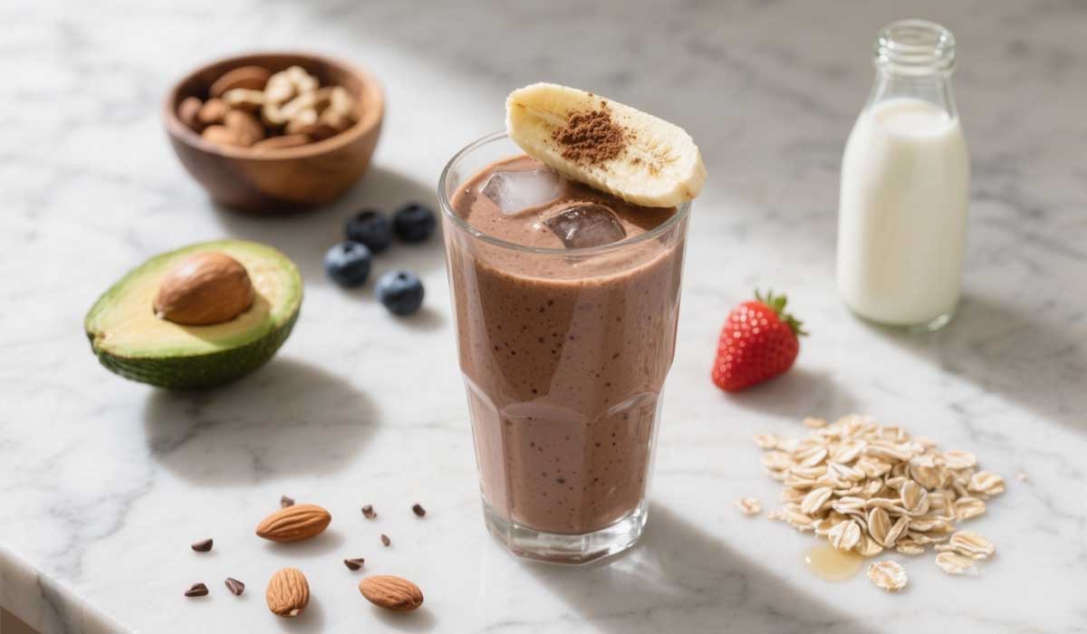 Receita de Smoothie com cacau, banana, abacate, mel aveia e leite vegetal