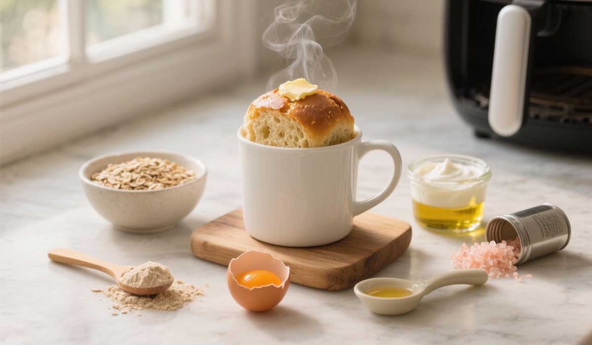 Pão de caneca sem glúten recém-saído do micro-ondas, com manteiga derretendo no topo e ingredientes naturais ao redor — farinha, ovo caipira, sal rosa, iogurte e azeite — sob luz suave de janela.