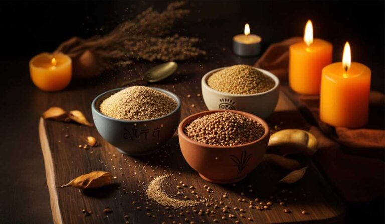 Grãos ancestrais: três tigelas artesanais exibem teff, sorgo e amaranto sob luz quente e velas acesas, destacando suas texturas e tons terrosos