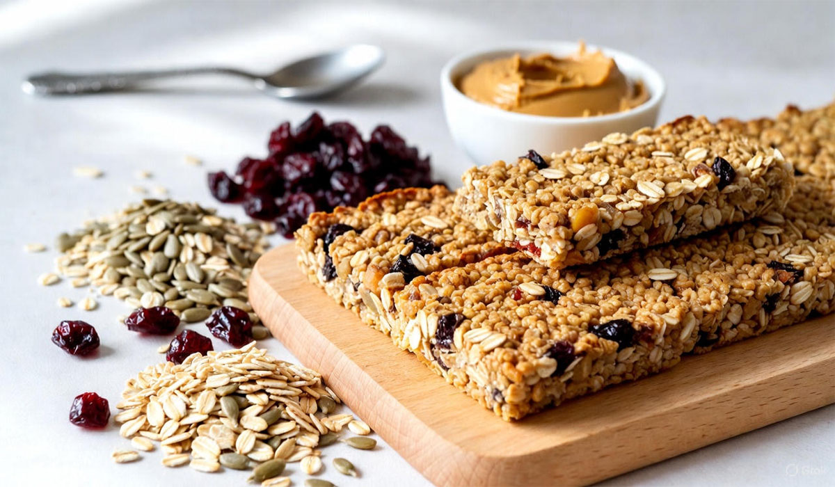 Barrinhas de cereal caseiras com aveia, cranberries e sementes sobre tábua de madeira, mostrando ingredientes naturais como alternativa saudável aos ultraprocessados