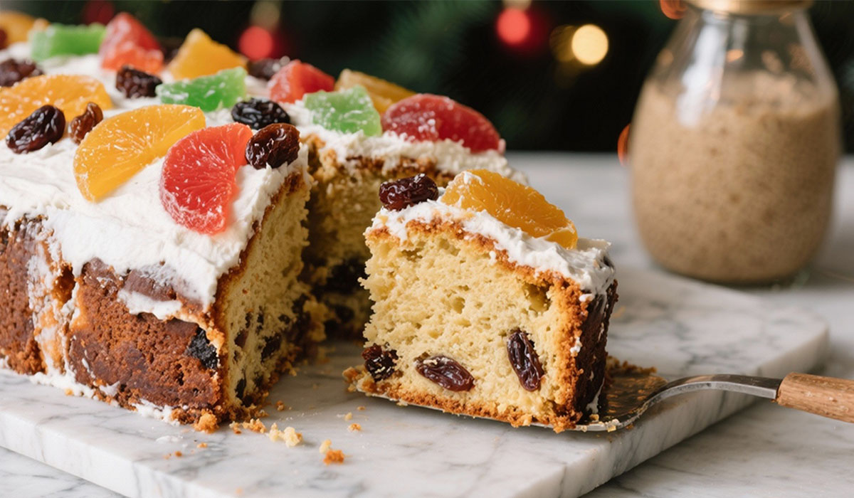 Bolo inglês sem glúten estilo panetone, cortado ao meio, mostrando frutas cristalizadas, sobre bancada elegante de cozinha com ingredientes ao redor.