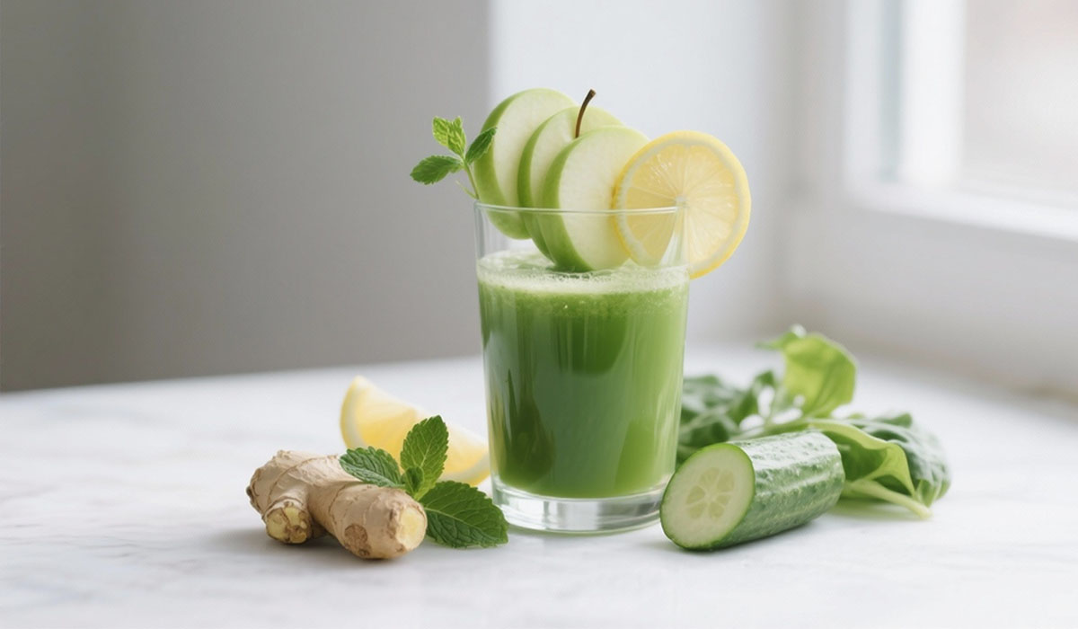 Suco detox verde sem glúten servido em copo de vidro, com maçã verde, limão, pepino, gengibre e folhas frescas, simbolizando leveza digestiva no pós-festas.