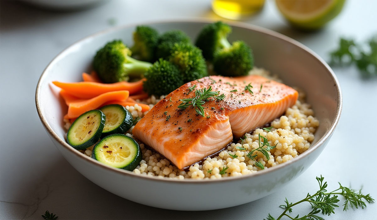 Bowl de salmão grelhado com quinoa e legumes assados - receita sem glúten baseada na pirâmide invertida