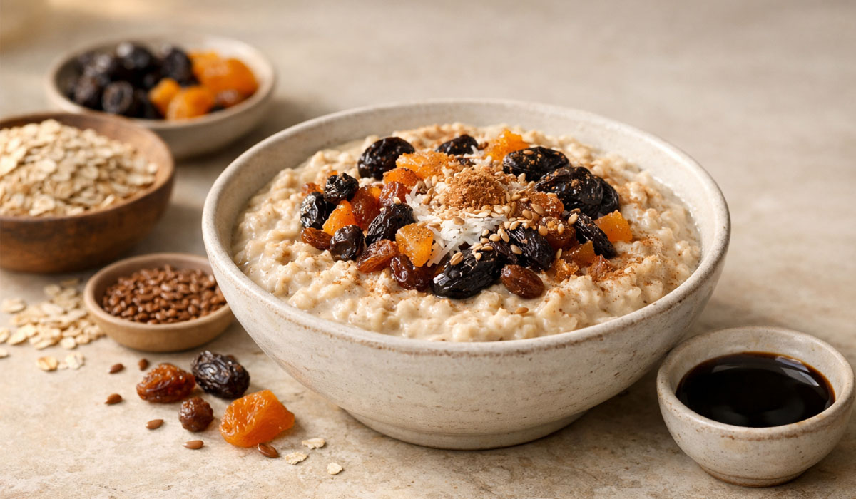 Creme de aveia vegano e sem glúten, servido em tigela de cerâmica artesanal clara, decorado com frutas secas, sementes e canela, sobre bancada de pedra clara com iluminação natural suave.