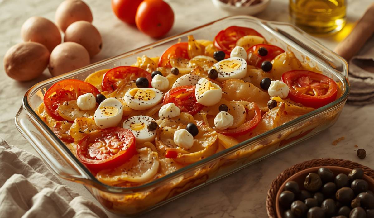 Bacalhau ao forno com batatas, ovos cozidos, tomates, azeitonas e cebola caramelizada em forma de vidro refratária
