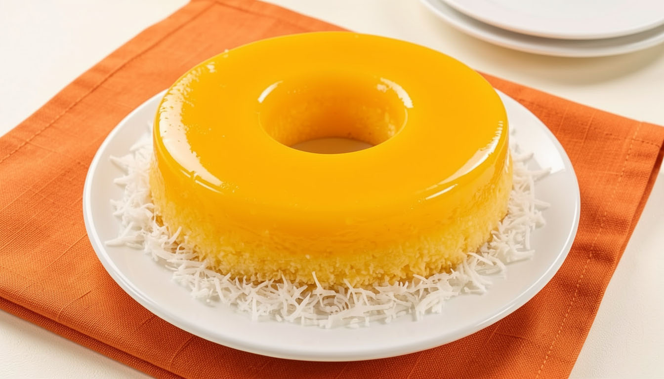 Quindim sem glúten dourado brilhante em formato de rosca sobre prato branco decorado com coco ralado