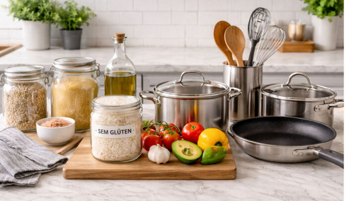 Cozinha organizada com utensílios de inox e potes de ingredientes sem glúten após processo de descontaminação doméstica para doença celíaca