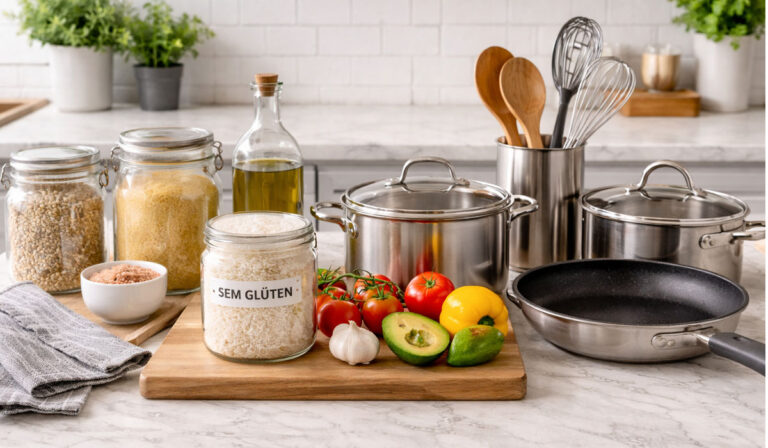 Cozinha organizada com utensílios de inox e potes de ingredientes sem glúten após processo de descontaminação doméstica para doença celíaca