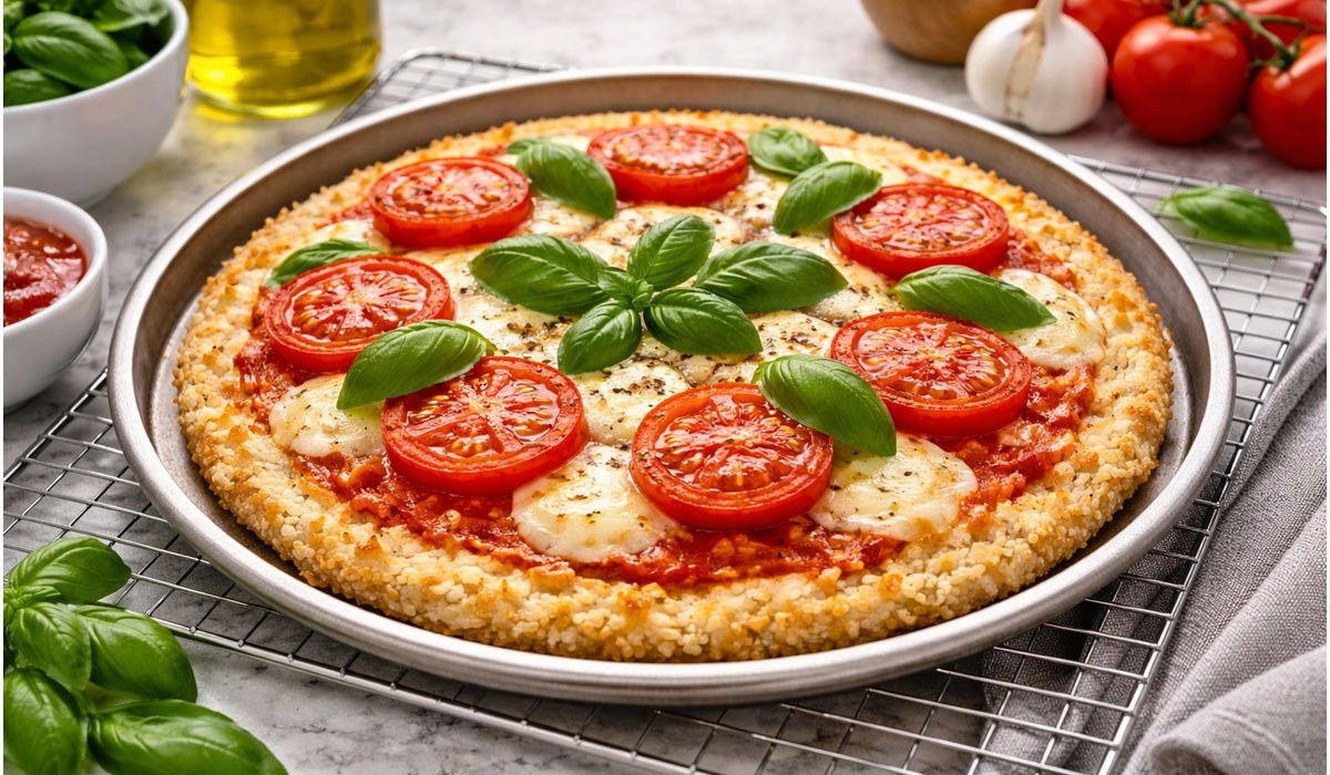 Pizza margarita sem glúten com massa de arroz assada no forno, coberta com tomate, muçarela e manjericão fresco.