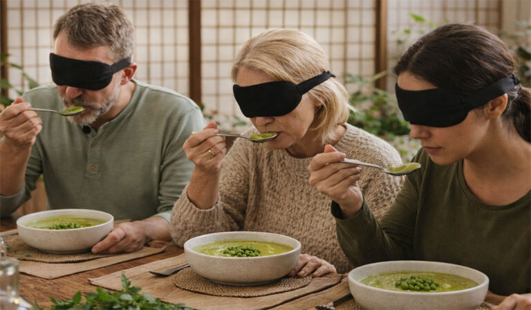 Pessoas comendo sopa vendadas praticando mindful eating, exercício de alimentação consciente para perceber sabores, melhorar a digestão e desenvolver atenção plena durante as refeições.