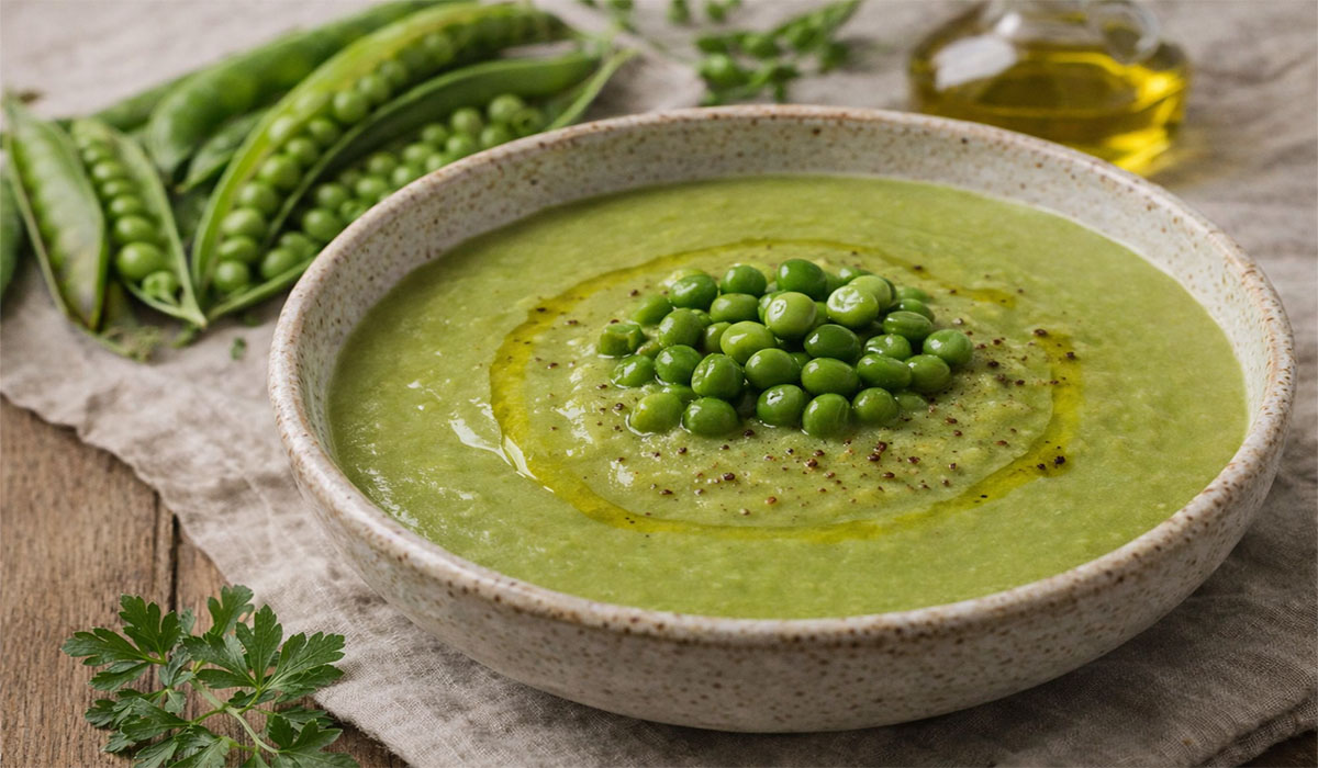 Sopa-creme de ervilha verde plant-based e sem glúten, receita saudável para dias frios, rica em fibras e ideal para alimentação consciente e mindful eating.
