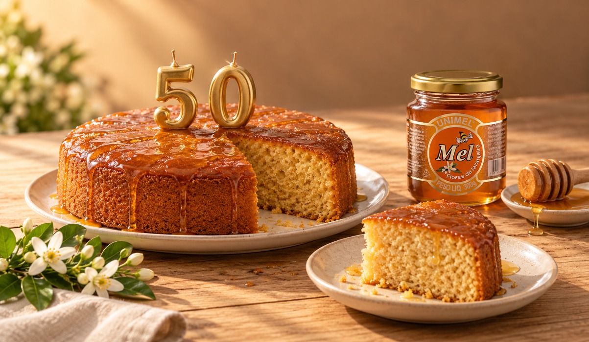 Bolo de mel sem glúten com velas douradas de número 50, fatia servida e pote de Mel Flores de Laranjeira Unimel