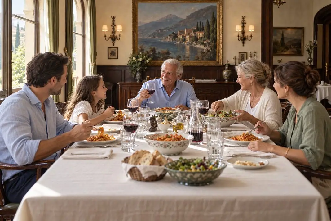 Cena fictícia de uma família contemporânea almoçando à mesa de um restaurante, com roupas casuais e luz natural.