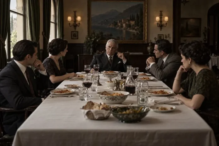 Cena fictícia de uma família com figurinos dos anos 1950, com o patriarca na cabeceira de uma mesa retangular em restaurante de atmosfera sóbria.